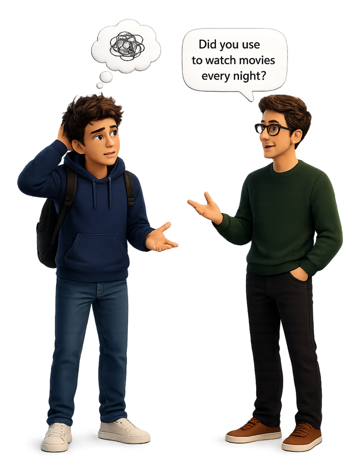 A learner hesitates before answering an English question